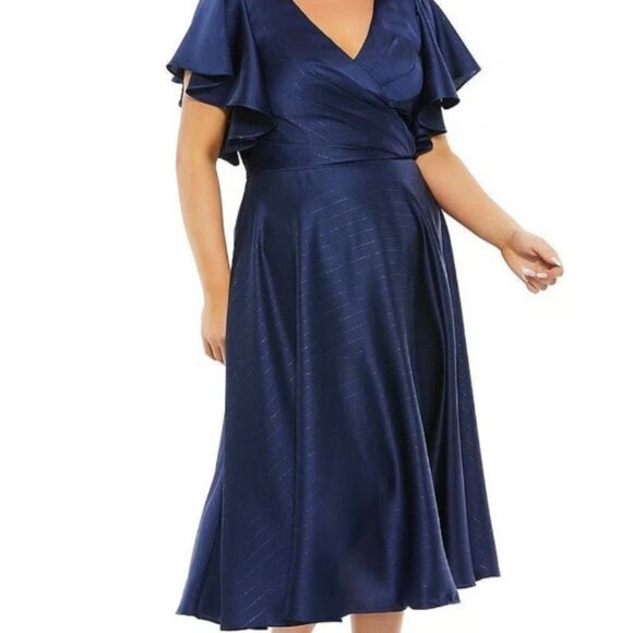 Mac Duggal Size 16W Faux Wrap Butterfly Sleeve Flowy Midi Dress Midnight Blue - Picture 1 of 5